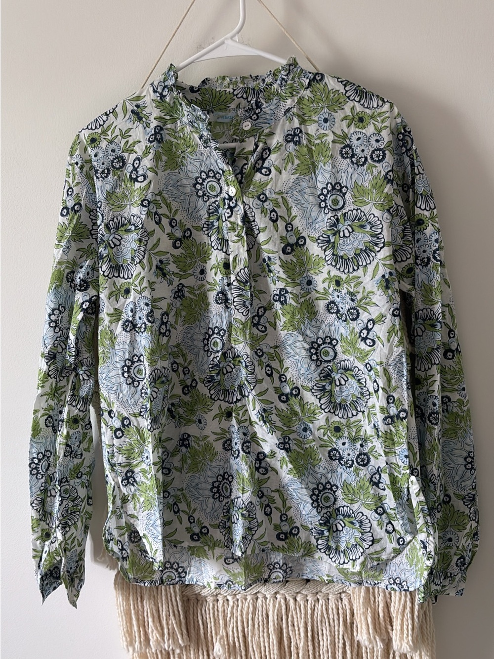 Le Bazar Coastal Floral Cotton Long Sleeve Blouse Blue Green Print Small